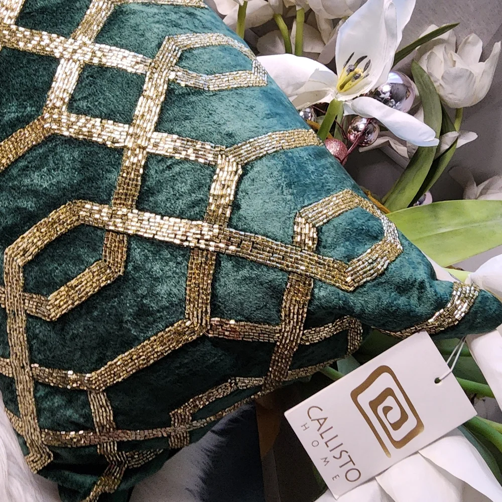 CALLISTO HOME BEADED CALFHAIR HIDE Green FOIL LUMBAR DECORATIVE THROW PILLOW